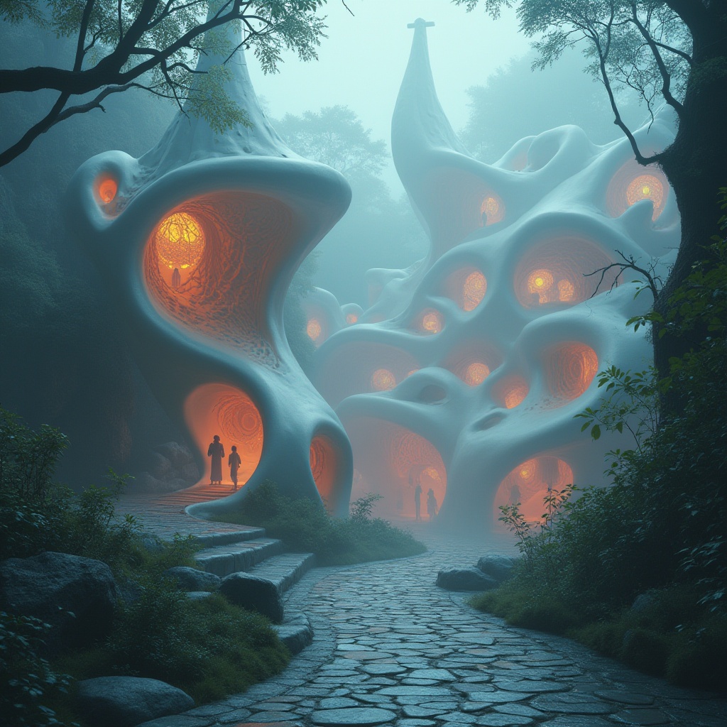 Prompt: Undulating blob-like structures, organic shapes, futuristic churches, iridescent stained glass windows, flowing curves, amoeba-inspired architecture, soft pastel colors, glowing ambient lighting, misty atmospheric effects, eerie mystical ambiance, mysterious foggy surroundings, overgrown vegetation, twisted tree branches, winding pathways, natural stone flooring, intricate latticework patterns, ornate details, celestial-inspired motifs, dreamlike quality, shallow depth of field, 1/1 composition, realistic textures, ambient occlusion.