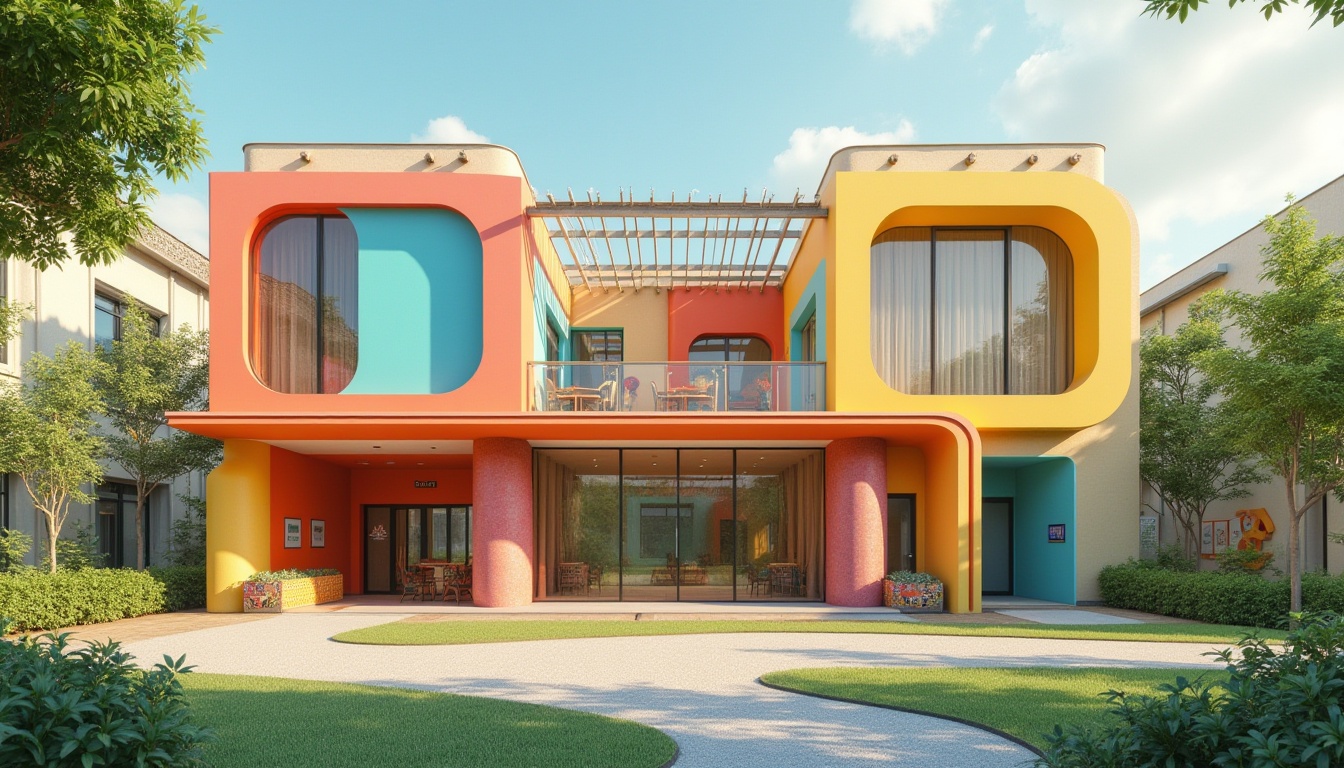 Prompt: Vibrant kindergarten facade, playful color blocking, irregular shape formations, modern minimalist design, large windows, sliding glass doors, natural light abundance, educational signage, child-friendly materials, sustainable building practices, green roofs, solar panels, wind turbines, water conservation systems, eco-friendly facades, innovative cooling technologies, shaded outdoor play areas, misting systems, geometric patterned walls, colorful ceramic tiles, whimsical tree-like columns, sunny day, soft warm lighting, shallow depth of field, 3/4 composition, panoramic view, realistic textures, ambient occlusion.