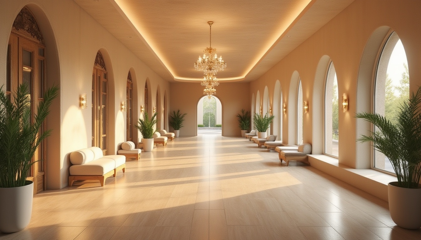 Prompt: Serene memorial center, warm beige walls, polished wooden floors, comfortable seating areas, gentle natural light, soft warm lighting, subtle color palette, elegant chandeliers, minimalist decor, respectful ambiance, peaceful atmosphere, calm tone, soothing water features, lush greenery, quiet reflection spaces, intimate alcoves, natural stone accents, subtle patterns, gentle curves, harmonious proportions, 1/1 composition, shallow depth of field, warm inviting colors.