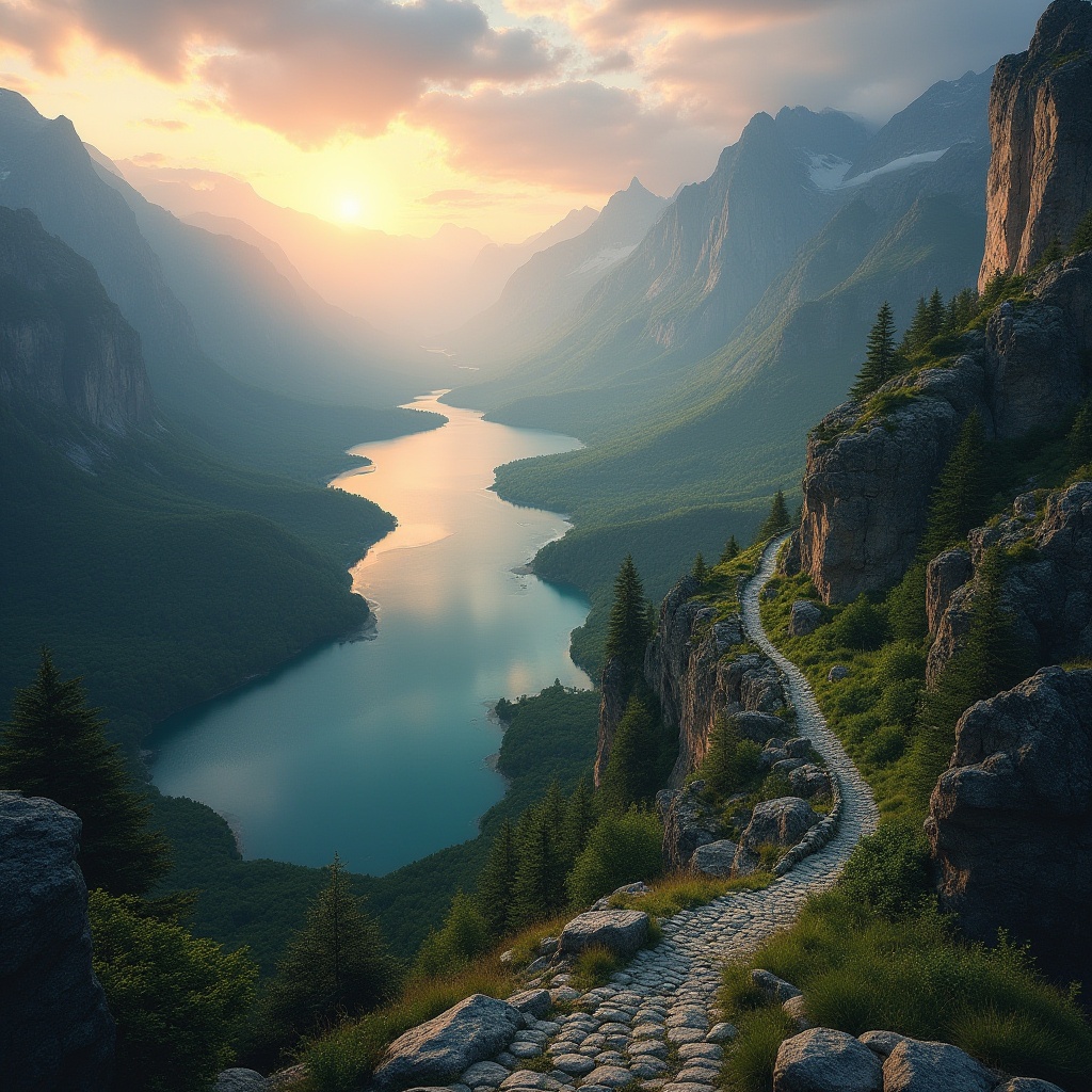 Prompt: Panoramic mountainous landscape, serene lakeside, lush green forests, rolling hills, misty valleys, winding rivers, rugged cliffs, weathered rocks, natural stone pathways, wooden bridges, elevated viewpoints, dramatic skies, warm sunset lighting, shallow depth of field, 1/2 composition, atmospheric perspective, realistic terrain textures, ambient occlusion.