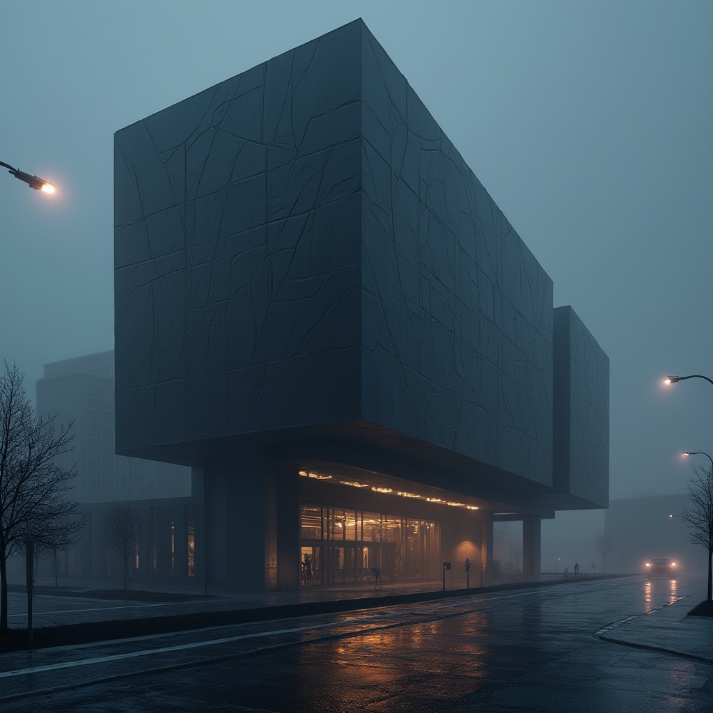 Prompt: Dark gray futuristic building, metallic facade, angular lines, minimalist design, high-tech materials, LED lighting system, abstract geometric patterns, urban cityscape, nighttime atmosphere, misty fog effect, shallow depth of field, 1/2 composition, realistic textures, ambient occlusion.