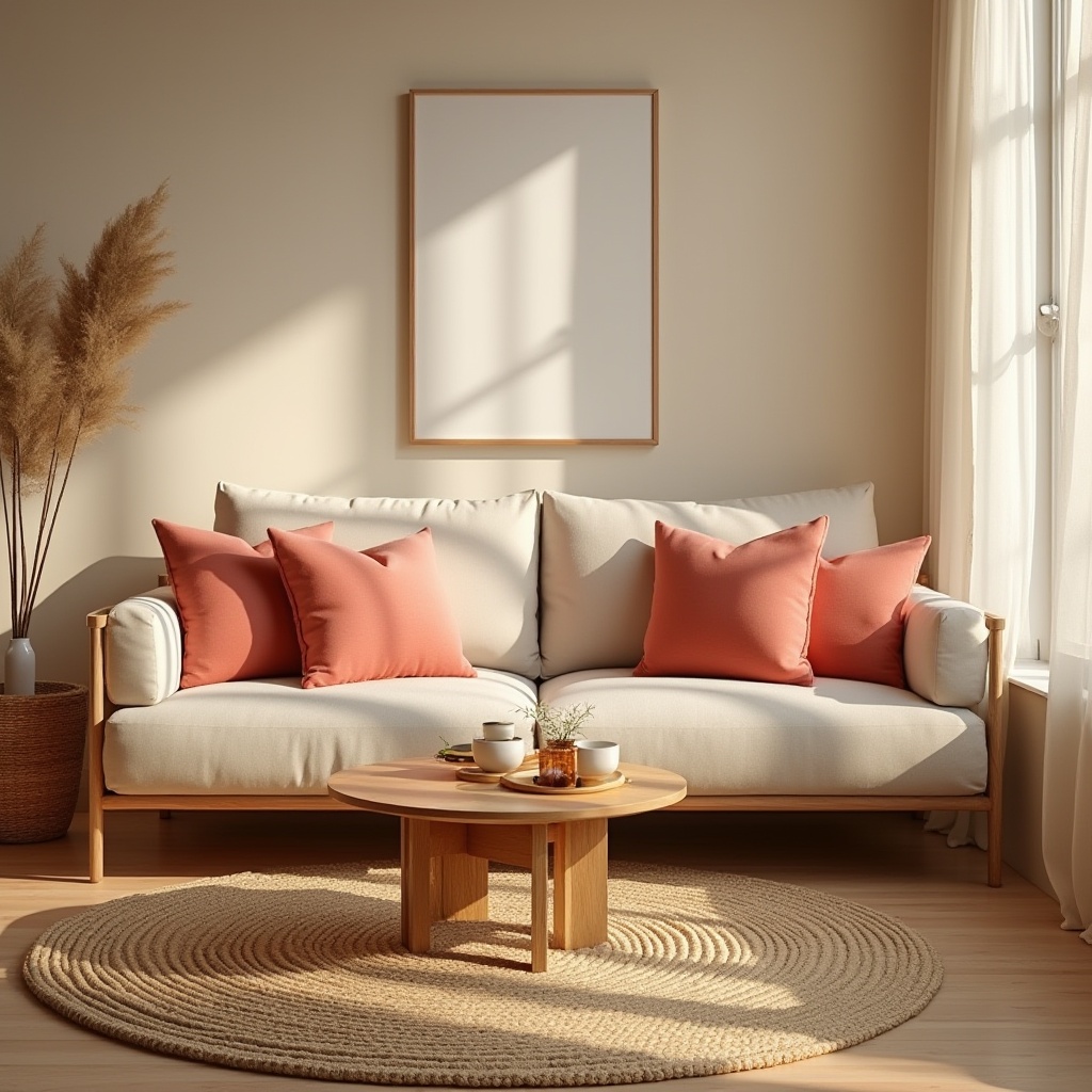 Prompt: Cozy living room, plush velvet sofa, soft linen upholstery, vibrant coral pillows, natural jute rug, warm beige walls, wooden coffee table, modern minimalist decor, abundant natural light, sheer white curtains, delicate lace trim, subtle texture contrast, 1/2 composition, shallow depth of field, warm golden lighting.