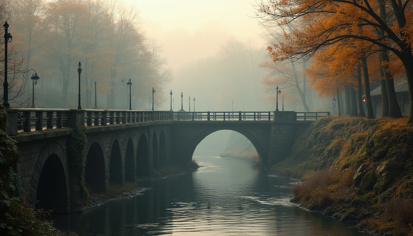 Prompt: Rustic vehicular bridge, steel arches, stone pillars, wooden railings, vintage street lamps, foggy misty morning, soft warm lighting, shallow depth of field, 3/4 composition, panoramic view, realistic textures, ambient occlusion, intricate stonework, ornate metal details, earthy color palette, moss-covered walls, ivy climbing, serene river flow, gentle water reflections, lush greenery, autumn foliage, misty atmosphere.