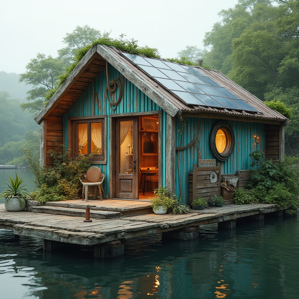 Prompt: Waterfront location, wooden dock, rustic boathouse, eclectic mix of materials, reclaimed wood, corrugated metal, vibrant turquoise accents, nautical ropes, porthole windows, curved lines, organic shapes, lush greenery, overhanging plants, solar panels, rainwater harvesting systems, composting toilets, low-carbon footprint, natural ventilation, passive design strategies, earthy color palette, warm cozy lighting, shallow depth of field, 1/2 composition, intimate atmosphere, realistic textures, ambient occlusion.