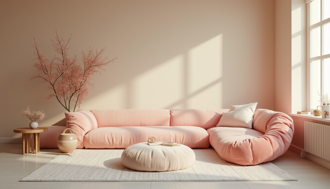 Prompt: Soft warm beige walls, calming creamy accents, natural wood textures, subtle earthy tones, serene blue undertones, gentle pastel hues, vibrant coral pops, luxurious velvet fabrics, metallic rose gold details, ambient softbox lighting, shallow depth of field, 1/1 composition, realistic reflections, atmospheric misting effects.