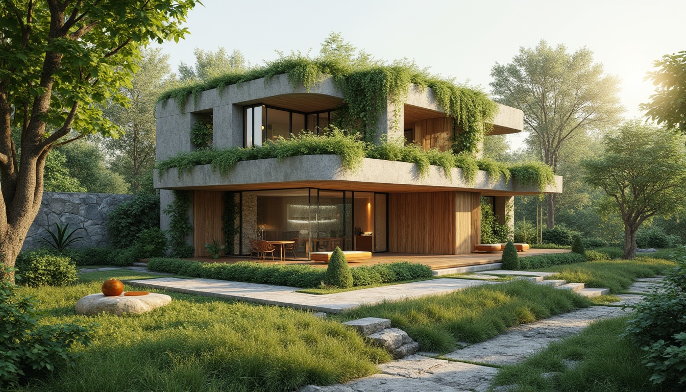 Prompt: Eco-friendly buildings, green roofs, living walls, recycled metal structures, low-carbon concrete, FSC-certified wood, bamboo facades, solar panels, wind turbines, rainwater harvesting systems, grey water reuse, organic gardens, urban agriculture, vertical farming, natural ventilation systems, large overhangs, shading devices, double-glazed windows, thermal mass, radiant floor heating, clerestory windows, open-plan interiors, minimalist decor, reclaimed wood furniture, low-VOC paints, bamboo flooring, cork insulation, sedum roofs, green screens, trellis structures, natural stone walls, earthy color palette, soft warm lighting, 1/1 composition, realistic textures, ambient occlusion.