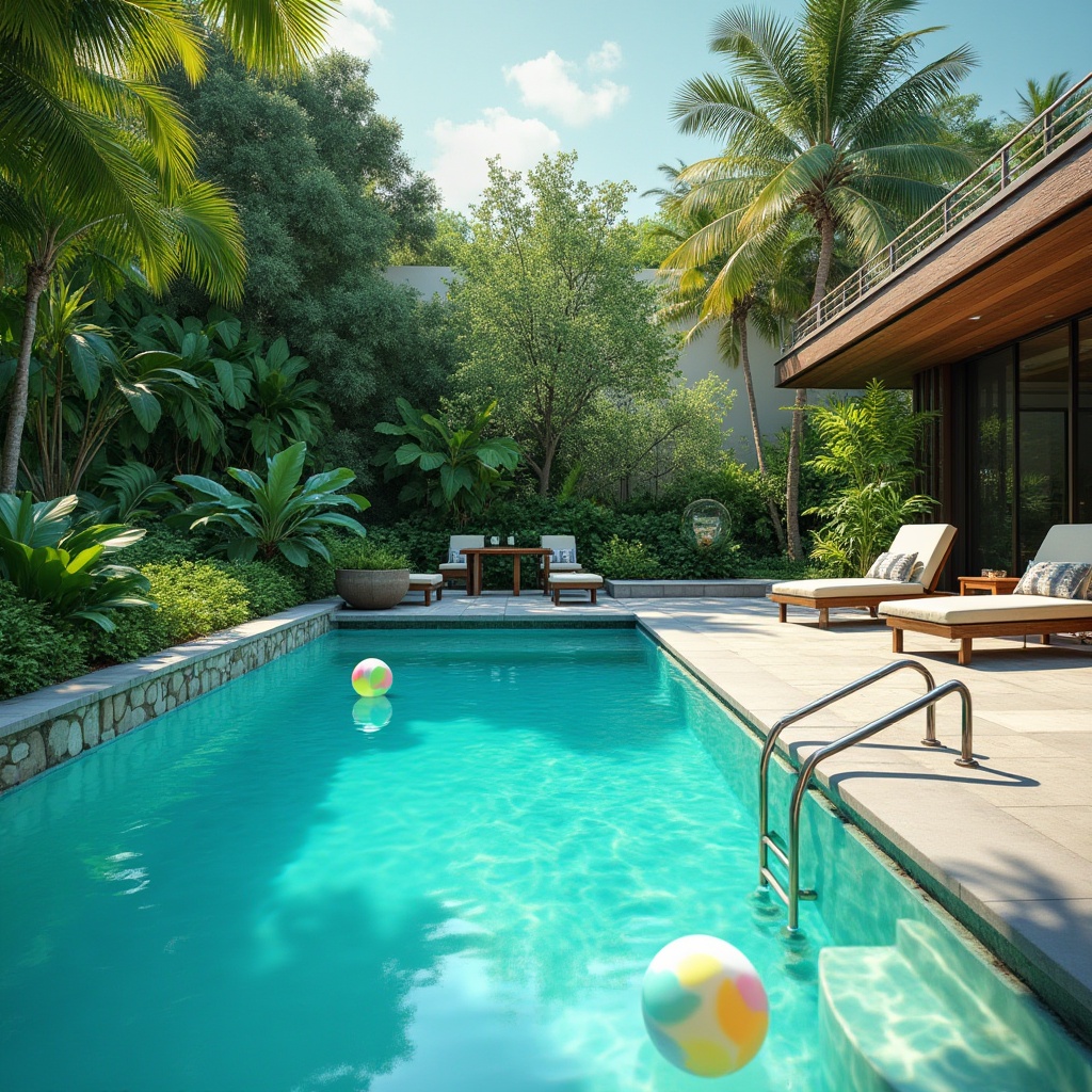 Prompt: Vibrant turquoise pool water, surrounding lush greenery, natural stone coping, modern sleek pool design, stainless steel ladder, comfortable lounge chairs, colorful beach balls, sunny day, warm soft lighting, shallow depth of field, 3/4 composition, panoramic view, realistic textures, ambient occlusion.