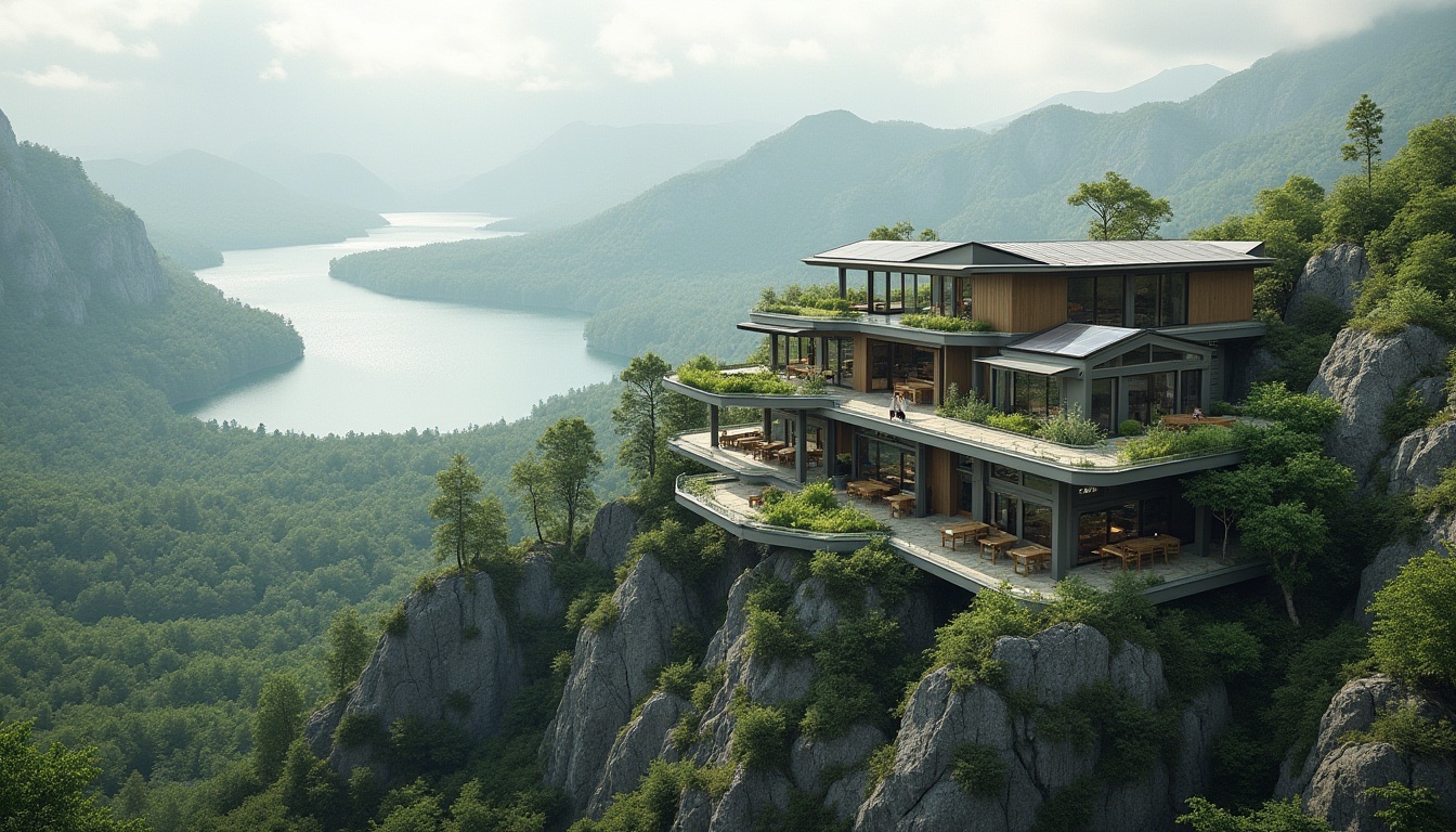 Prompt: Mountainous terrain, rugged landscape, serene lakefront, surrounding forests, sustainable architecture, eco-friendly materials, green roofs, rainwater harvesting systems, solar panels, wind turbines, modern minimalist design, angular lines, large windows, glass facades, natural ventilation systems, optimized energy efficiency, seamless indoor-outdoor transitions, organic building shapes, earthy color palette, native plant species, meandering walkways, scenic viewpoints, panoramic vistas, dramatic lighting effects, misty atmosphere, shallow depth of field, 2/3 composition.