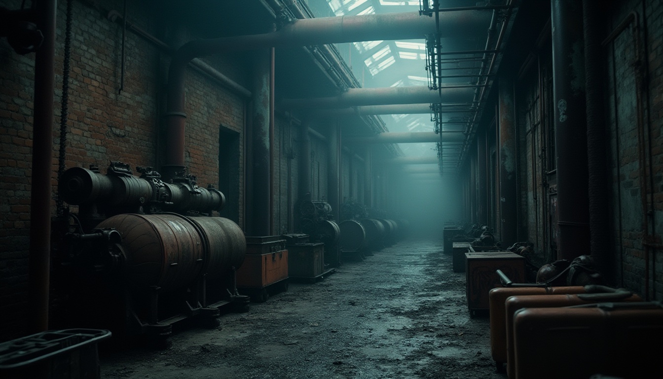 Prompt: Moody industrial landscape, abandoned factories, distressed brick walls, rusty metal pipes, foggy atmosphere, dim warm lighting, rich Prussian blue tones, muted earthy colors, vintage machinery, worn leather textures, intricate mechanical details, dramatic shadows, cinematic composition, high contrast ratio, mysterious ambiance, atmospheric mist, subtle color grading.