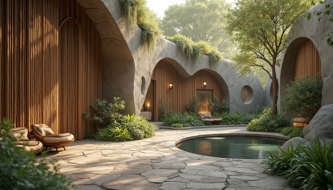 Prompt: Organic forms, undulating lines, earthy tones, natural materials, reclaimed wood, living walls, green roofs, botanical patterns, blooming flowers, lush foliage, serene water features, soft misting, warm ambient lighting, shallow depth of field, 3/4 composition, panoramic view, realistic textures, ambient occlusion.