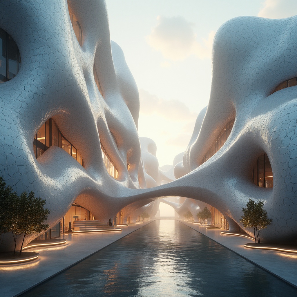 Prompt: Organic buildings, flowing curves, undulating lines, futuristic design, sleek metal materials, iridescent glass facades, shimmering LED lights, dynamic shapes, parametric architecture, computational design, algorithmic patterns, soft warm lighting, misty atmosphere, shallow depth of field, 3/4 composition, panoramic view, realistic textures, ambient occlusion.