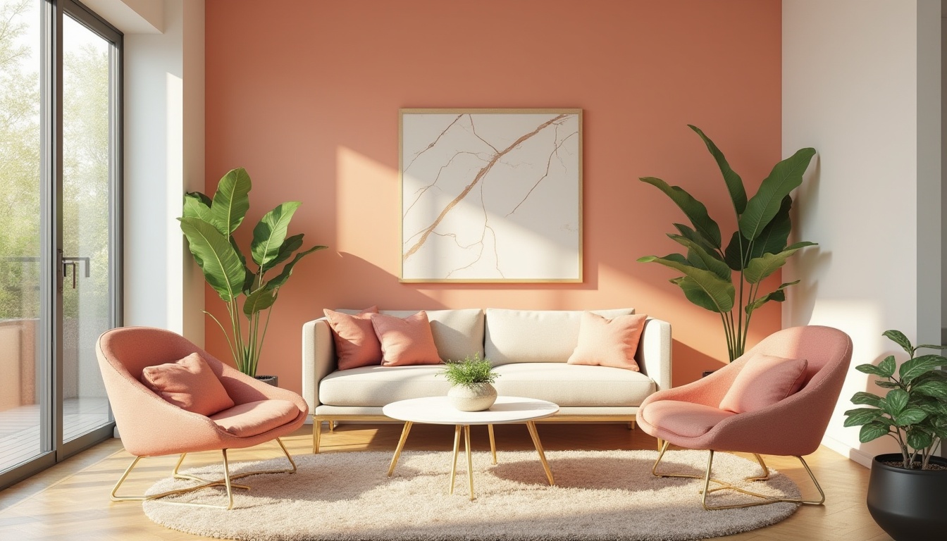 Prompt: Vibrant modern design studio, eclectic furniture arrangement, bold accent walls, pastel color scheme, soft peach tones, creamy whites, rich wood accents, metallic gold details, lush greenery, natural textiles, minimalist decor, abstract artwork, dramatic lighting, shallow depth of field, 3/4 composition, realistic textures, ambient occlusion.