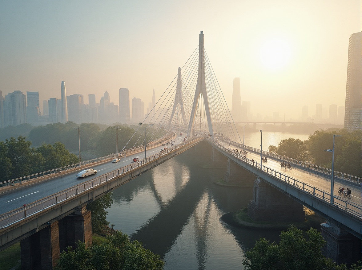 Prompt: Elegant vehicular bridges, steel arches, suspension cables, modern urban landscape, city skyline, misty morning atmosphere, soft golden lighting, shallow depth of field, 1/1 composition, symmetrical balance, clean lines, minimalist design, sleek metal railings, pedestrian walkways, cycle paths, riverbank scenery, lush greenery, blooming flowers, natural stone piers, historic architecture inspiration, ornate lamp posts, vibrant city life.