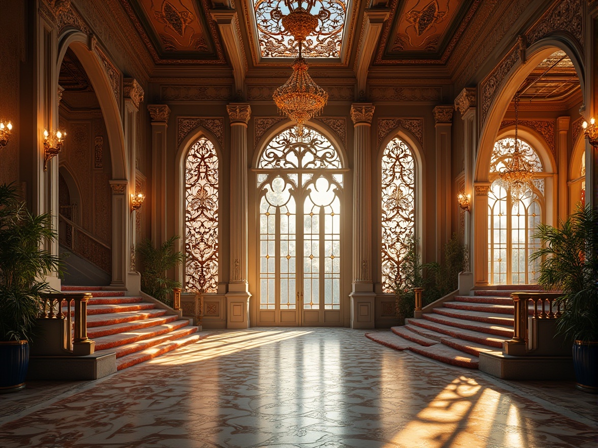 Prompt: Intricate ironwork, flowing organic lines, ornate floral patterns, grand entrance archways, sinuous balconies, stained glass windows, vibrant ceramic tiles, majestic stone columns, sweeping curved staircases, lavish chandeliers, richly textured fabrics, warm golden lighting, soft focus blur, 1/2 composition, symmetrical framing, atmospheric mist, realistic reflections, detailed architectural ornaments.