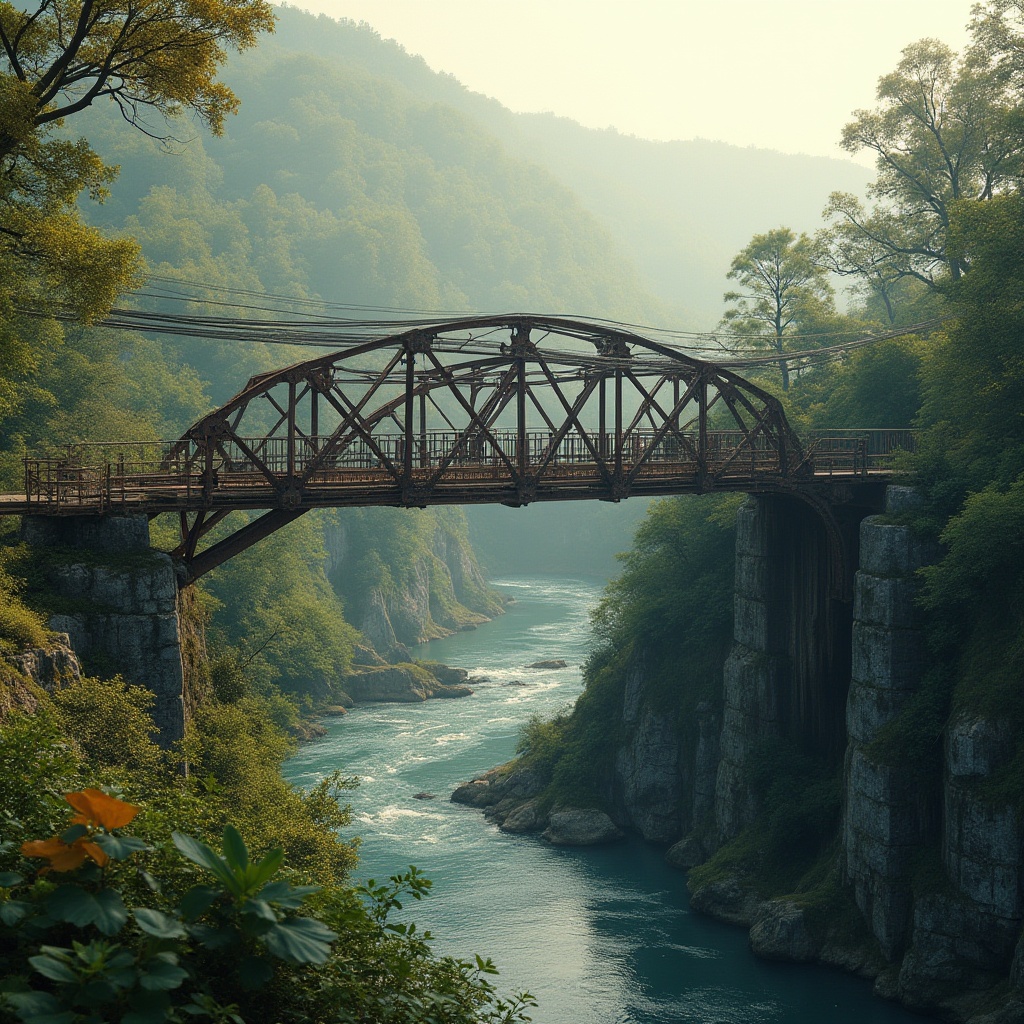 Prompt: Rustic steel bridge, meandering river, lush greenery, natural stone abutments, wooden railings, suspended walkways, scenic viewpoints, misty morning, soft warm lighting, shallow depth of field, 3/4 composition, panoramic view, realistic textures, ambient occlusion, organic curves, harmonious integration, ecological balance, native plant species, water features, cascading waterfalls, tranquil atmosphere.