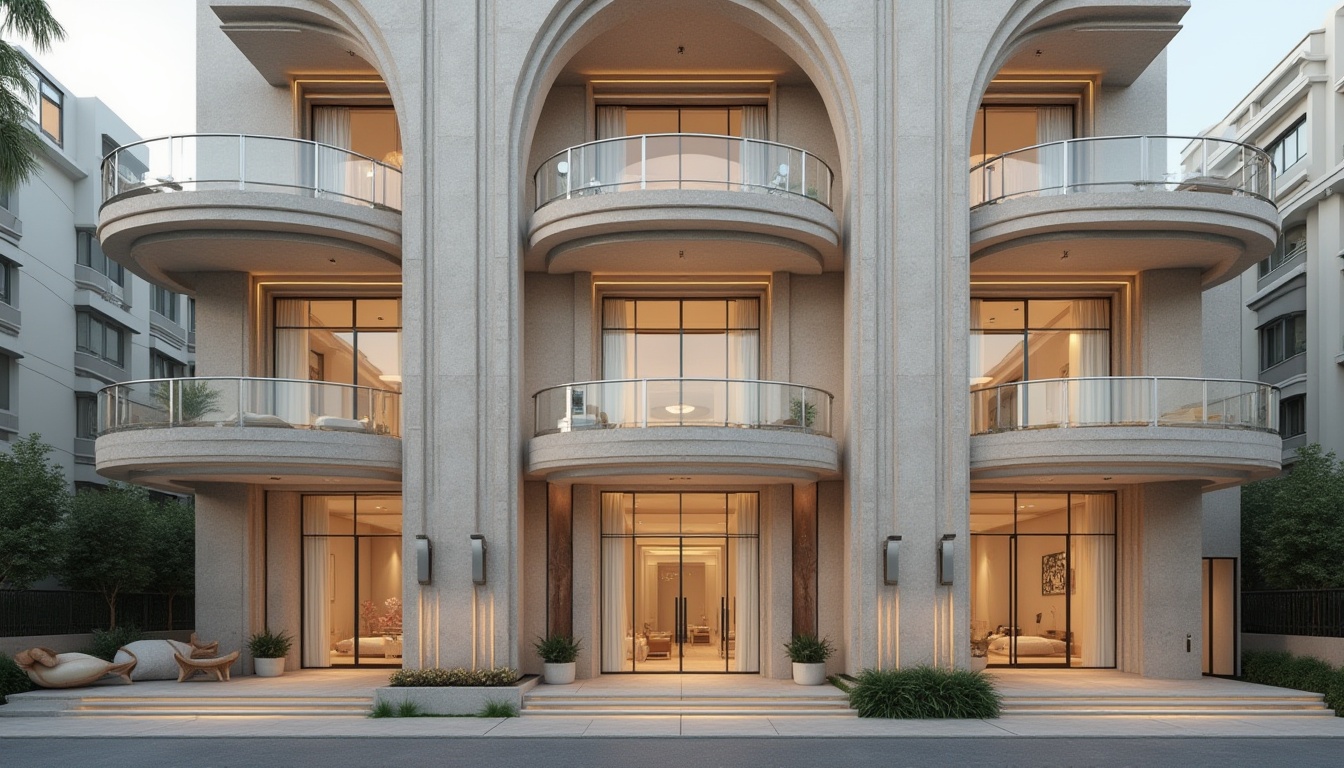 Prompt: Elegant building facade, ornate details, neutral color palette, marble textures, glass balustrades, minimalist balconies, modernist architecture, clean lines, subtle curvature, natural stone cladding, metallic accents, sophisticated lighting fixtures, warm ambient glow, soft focus, shallow depth of field, 2/3 composition, atmospheric perspective, realistic materials, detailed normal maps.