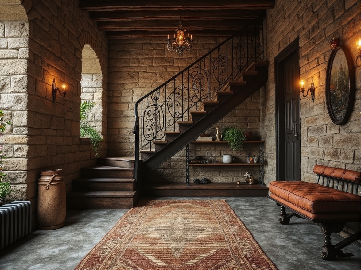 Prompt: Rustic stone walls, weathered wooden planks, rough-hewn granite floors, ornate metal railings, intricate brick patterns, vintage industrial textures, distressed concrete surfaces, reclaimed wood accents, natural fiber rugs, earthy color palette, warm atmospheric lighting, shallow depth of field, 1/2 composition, realistic material rendering, ambient occlusion.