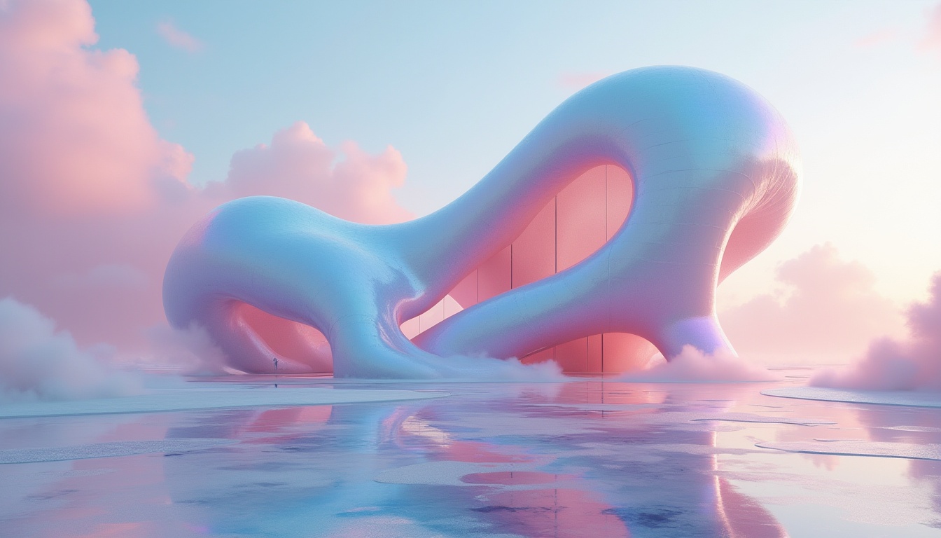 Prompt: Organic blob-shaped building, curvaceous facade, iridescent colors, shimmering materials, glossy surfaces, futuristic architecture, abstract shapes, fluid lines, dynamic forms, amoeba-inspired design, dreamy ambiance, soft gradient lighting, misty atmosphere, shallow depth of field, 1/1 composition, close-up shot, high-key exposure, vibrant pastel hues, metallic accents, holographic effects.