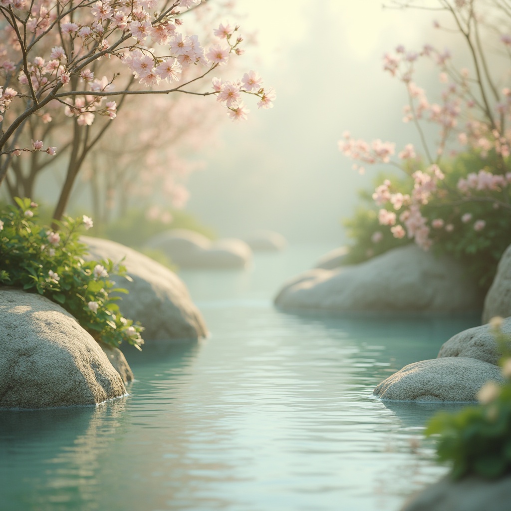 Prompt: Soft pastel hues, calming atmosphere, serene natural surroundings, gentle water features, lush greenery, vibrant florals, creamy whites, warm beige tones, soothing blues, muted earthy shades, elegant metallic accents, subtle texture contrasts, refined modern design, minimalist composition, shallow depth of field, 1/1 aspect ratio, soft focus effect, realistic renderings.