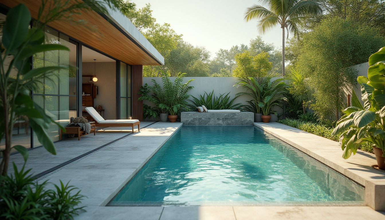 Prompt: Eco-friendly pool design, natural stone coping, recycled glass tile, sustainable concrete, energy-efficient pumps, saltwater systems, minimalist landscaping, lush greenery, tropical plants, warm sunny day, soft diffused lighting, shallow depth of field, 1/1 composition, realistic textures, ambient occlusion.