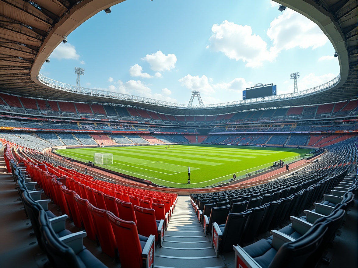 Prompt: Contemporary stadium design, tiered seating arrangement, comfortable cushioned chairs, vibrant team colors, sleek metal railings, cantilevered upper decks, panoramic views of the field, LED scoreboard displays, modern lighting systems, atmospheric sound effects, lush green grass, sunny day, shallow depth of field, 3/4 composition, realistic textures, ambient occlusion.