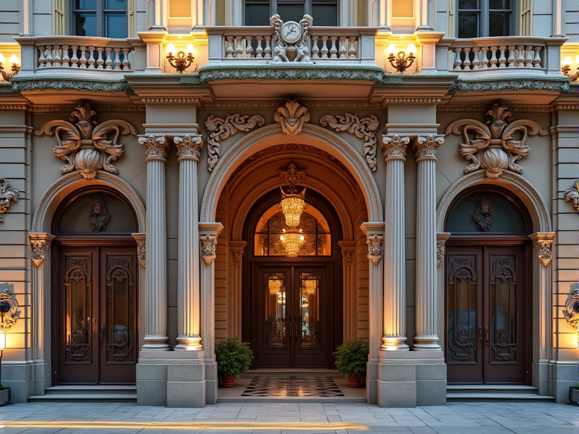 Prompt: Ornate building facade, symmetrical composition, elegant columns, grand entrance, lavish decorations, intricate stonework, vibrant color scheme, contrasting textures, modern minimalist accents, sleek glass surfaces, subtle lighting effects, warm golden illumination, shallow depth of field, 1/1 composition, realistic materials, ambient occlusion.