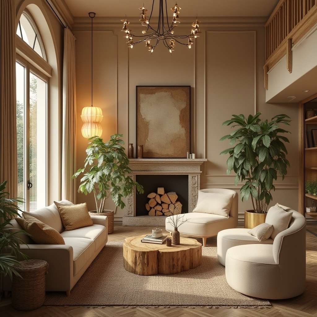 Prompt: Cozy living room, warm beige walls, plush sectional sofas, rustic wooden coffee tables, soft golden lighting, elegant floor lamps, vibrant greenery, natural stone fireplaces, cream-colored armchairs, woven baskets, warm area rugs, earthy color palette, 3/4 composition, shallow depth of field, realistic textures, ambient occlusion.