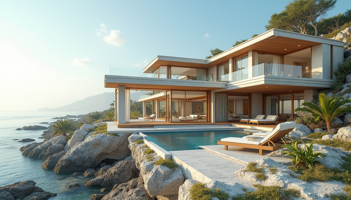 Prompt: Coastal villa, oceanfront location, sea breeze, natural ventilation, large windows, sliding glass doors, shaded outdoor spaces, overhanging roofs, cantilevered structures, windcatchers, clerestory windows, solar chimneys, ventilation towers, cross-ventilation, stack effect, building orientation, rectangular floor plan, open interior layout, minimal obstruction, maximum airflow, fresh sea air, salty scent, gentle ocean sounds, warm sunny day, soft natural lighting, 1/1 composition, realistic textures, ambient occlusion.