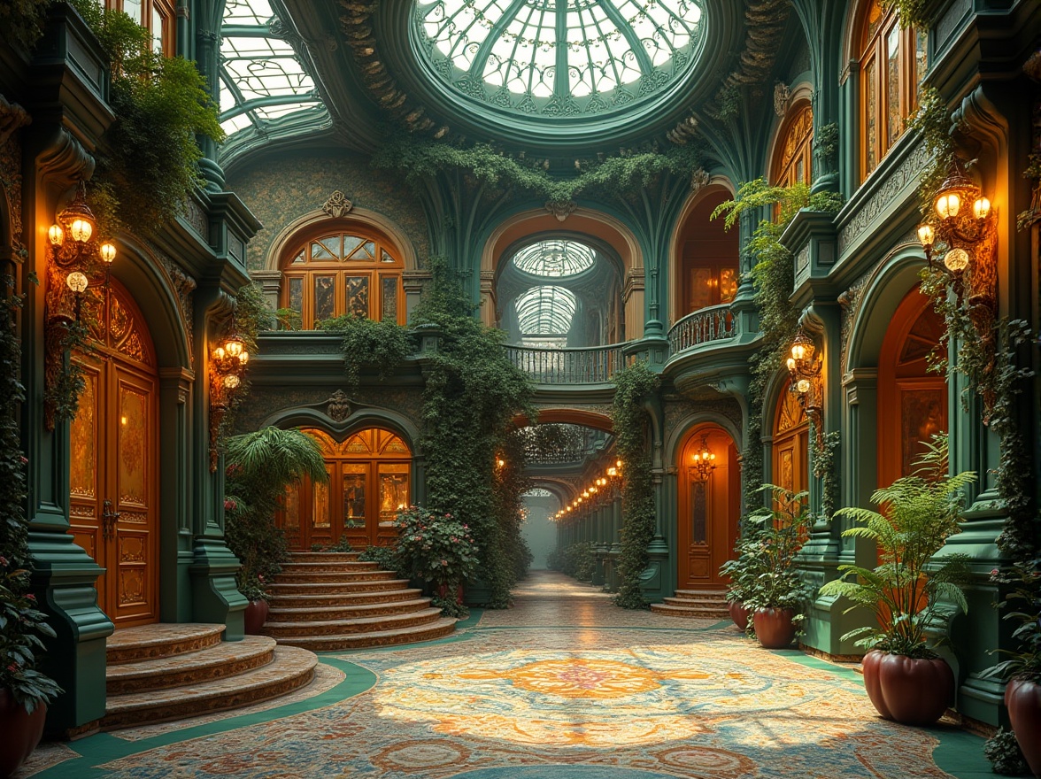 Prompt: Intricate ornate details, flowing organic lines, sinuous curves, grandiose entrance archways, stained glass doors, majestic atriums, elaborate ironwork, decorative balconies, twisted columns, verdant green walls, lush floral patterns, vibrant colored tiles, mosaic artworks, undulating rooflines, dramatic spotlights, warm golden lighting, 3/4 composition, shallow depth of field, panoramic view, realistic textures, ambient occlusion.