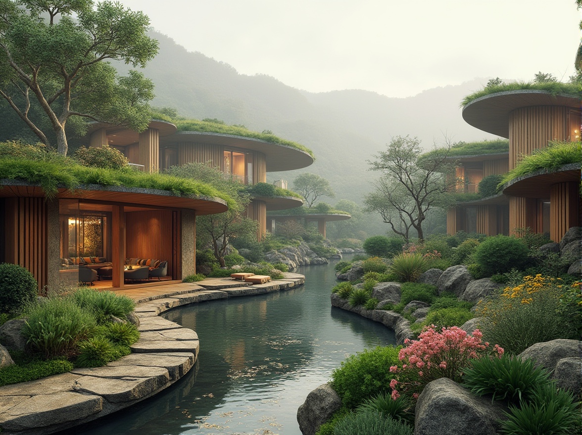 Prompt: Sweeping curves, organic forms, lush green roofs, native plant species, meandering pathways, natural stone walls, rustic wooden accents, earthy color palette, soft diffused lighting, misty atmosphere, shallow depth of field, 2/3 composition, panoramic view, realistic textures, ambient occlusion, seamless indoor-outdoor transition, fluid spatial flow, biophilic design elements, eco-friendly materials, sustainable water features, rainwater harvesting systems.