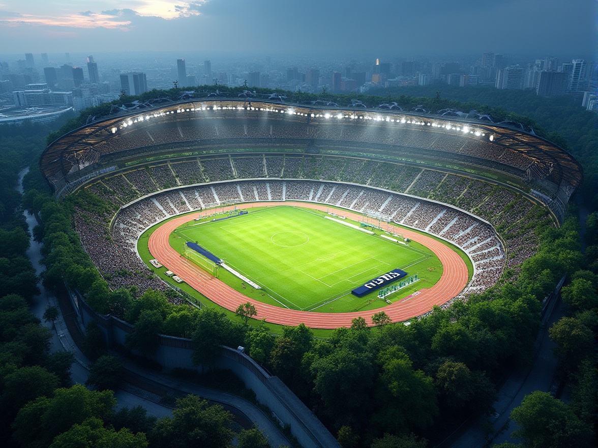 Prompt: \Integrated stadium landscape, lush green roofs, natural stone walls, retractable grass fields, athletic tracks, spectator seating, modern architectural curves, sleek metal structures, transparent glass facades, cantilevered canopies, elevated walkways, panoramic views, dramatic nighttime lighting, shallow depth of field, 1/1 composition, realistic textures, ambient occlusion.\