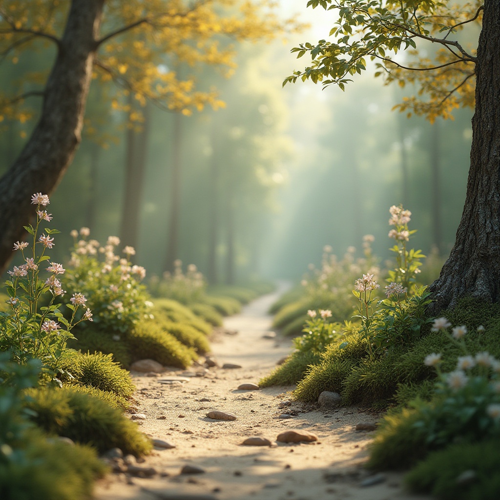 Prompt: Earthy tone, mossy greens, sandy beiges, driftwood grays, misty blues, sun-kissed yellows, organic textures, natural materials, botanical patterns, blooming florals, serene landscapes, atmospheric lighting, soft focus, shallow depth of field, 1/1 composition, panoramic view, realistic renderings, ambient occlusion.