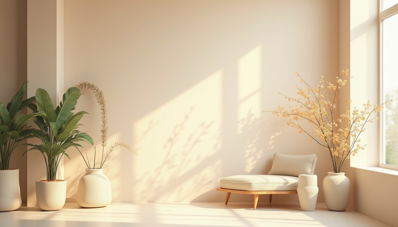 Prompt: Soft pastel hues, calming color scheme, natural earth tones, gentle gradient transitions, soothing background textures, subtle pattern overlays, elegant typography, serene atmosphere, warm beige walls, creamy white accents, rich wood furnishings, lush greenery, vibrant floral arrangements, delicate glass vases, softbox lighting, shallow depth of field, 1/1 composition, realistic material renderings, ambient occlusion.