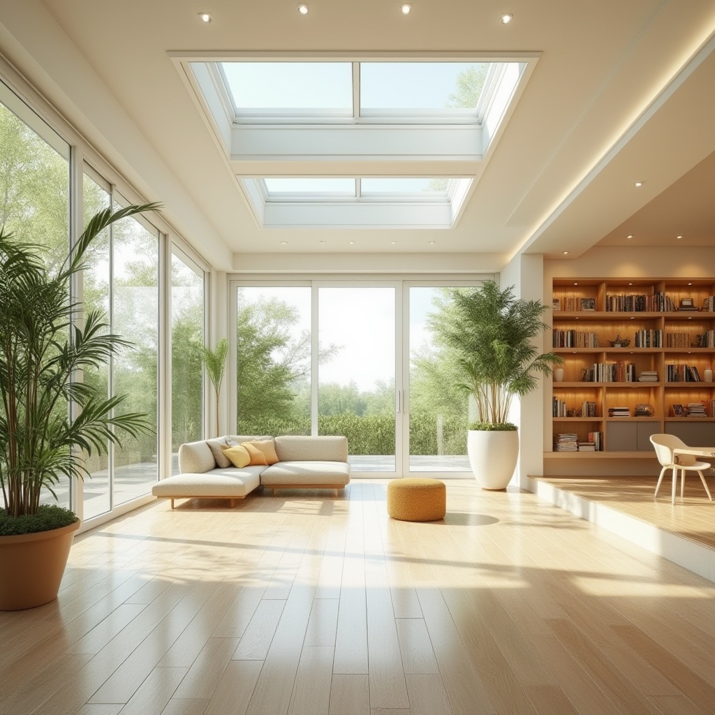 Prompt: Bright airy interior, large windows, sliding glass doors, minimalist decor, reflective surfaces, polished wooden floors, creamy white walls, greenery views, clerestory windows, skylights, open floor plans, transparent roofing materials, solar tubes, LED lighting accents, warm beige tones, cozy reading nooks, soft diffused light, 1/1 composition, shallow depth of field, realistic textures.