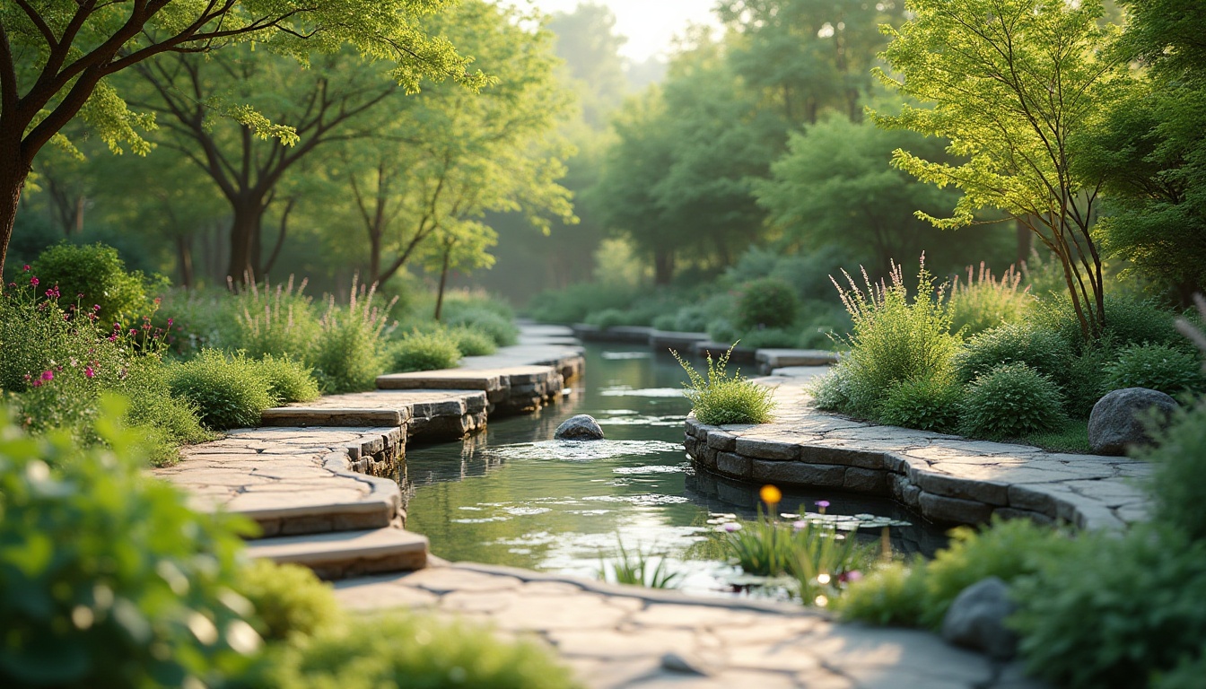 Prompt: Soothing garden, lush greenery, calming water features, serene walking paths, natural stone benches, vibrant flowerbeds, sensory gardens, fragrant herbs, gentle slopes, accessible ramps, wheelchair-friendly spaces, calming color palette, soft warm lighting, shallow depth of field, 3/4 composition, panoramic view, realistic textures, ambient occlusion.