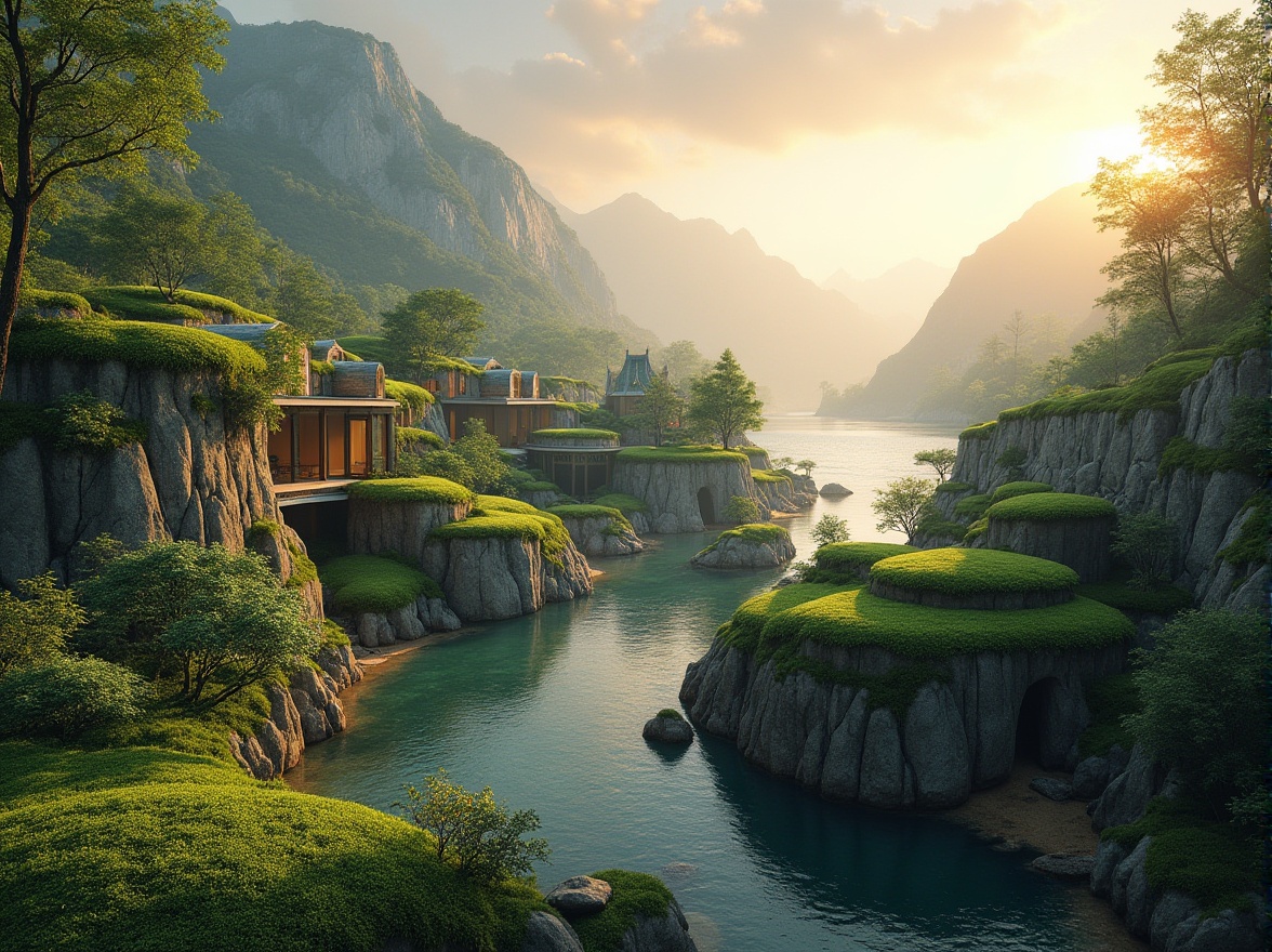 Prompt: Harmonious landscape integration, lush green roofs, natural stone walls, curved lines, organic forms, sustainable design, eco-friendly materials, minimal carbon footprint, scenic mountain views, serene lake reflections, misty forest ambiance, dramatic sunset lighting, warm golden hour tones, 1/2 composition, atmospheric perspective, realistic foliage textures, ambient occlusion.