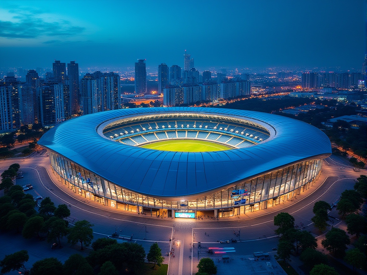 Prompt: Sleek stadium facade, international architectural style, curved lines, dynamic shapes, metallic materials, reflective glass surfaces, cantilevered rooflines, grand entrance gates, floodlighting systems, vibrant color schemes, angular geometric patterns, modern LED scoreboard displays, lush green roofs, urban cityscape backdrop, clear blue sky, dramatic nighttime lighting, high-angle view, 1/2 composition, realistic textures, ambient occlusion.