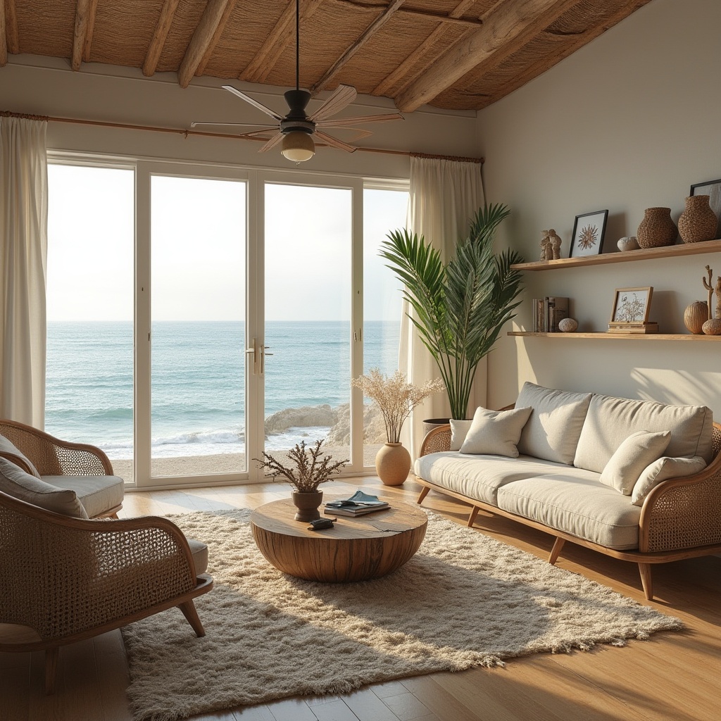 Prompt: Serene ocean views, driftwood accents, soft calming colors, natural textures, woven sea grass furniture, coral-inspired patterns, shell-adorned decor, airy open spaces, high ceilings, floor-to-ceiling windows, sliding glass doors, cozy reading nooks, plush area rugs, comfortable sectional sofas, rustic wooden coffee tables, beachy vintage decorations, distressed wood shelves, soft warm lighting, shallow depth of field, 3/4 composition, panoramic view, realistic textures, ambient occlusion.