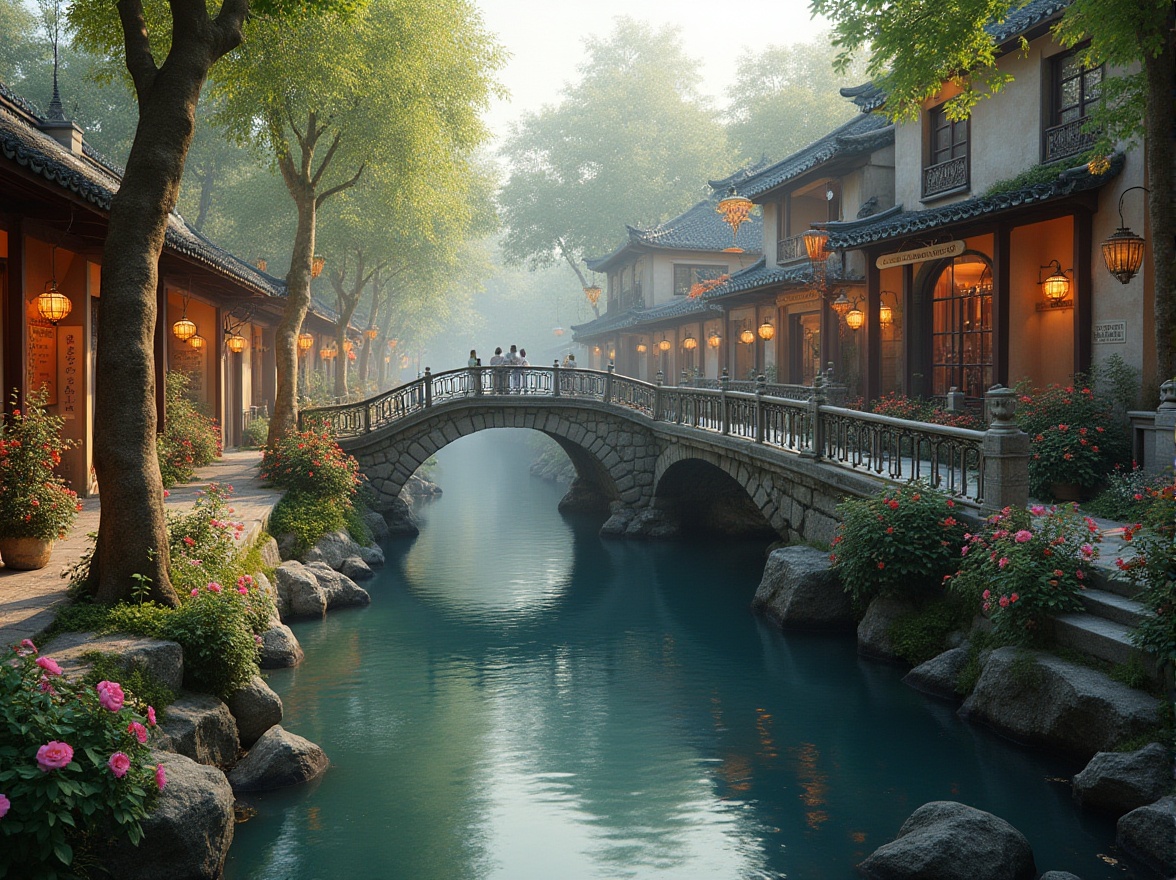 Prompt: Rustic stone bridges, arched structures, ornate metal railings, pedestrian walkways, serene water reflections, lush greenery surroundings, vibrant flowers, educational signage, traditional architectural elements, symmetrical composition, warm natural lighting, shallow depth of field, 3/4 perspective, realistic textures, ambient occlusion, gentle misty atmosphere, soft sunlight filtering, intricate stonework patterns, classic ornate details.