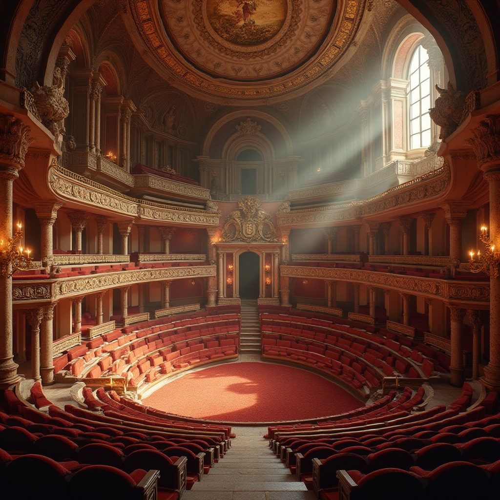 Prompt: Renaissance-inspired amphitheater, grandiose architecture, ornate stone carvings, curved tiered seating, rich velvet upholstery, golden accents, intricate frescoes, majestic archways, warm candlelight, soft focus lighting, shallow depth of field, 1/2 composition, symmetrical framing, realistic textures, ambient occlusion.