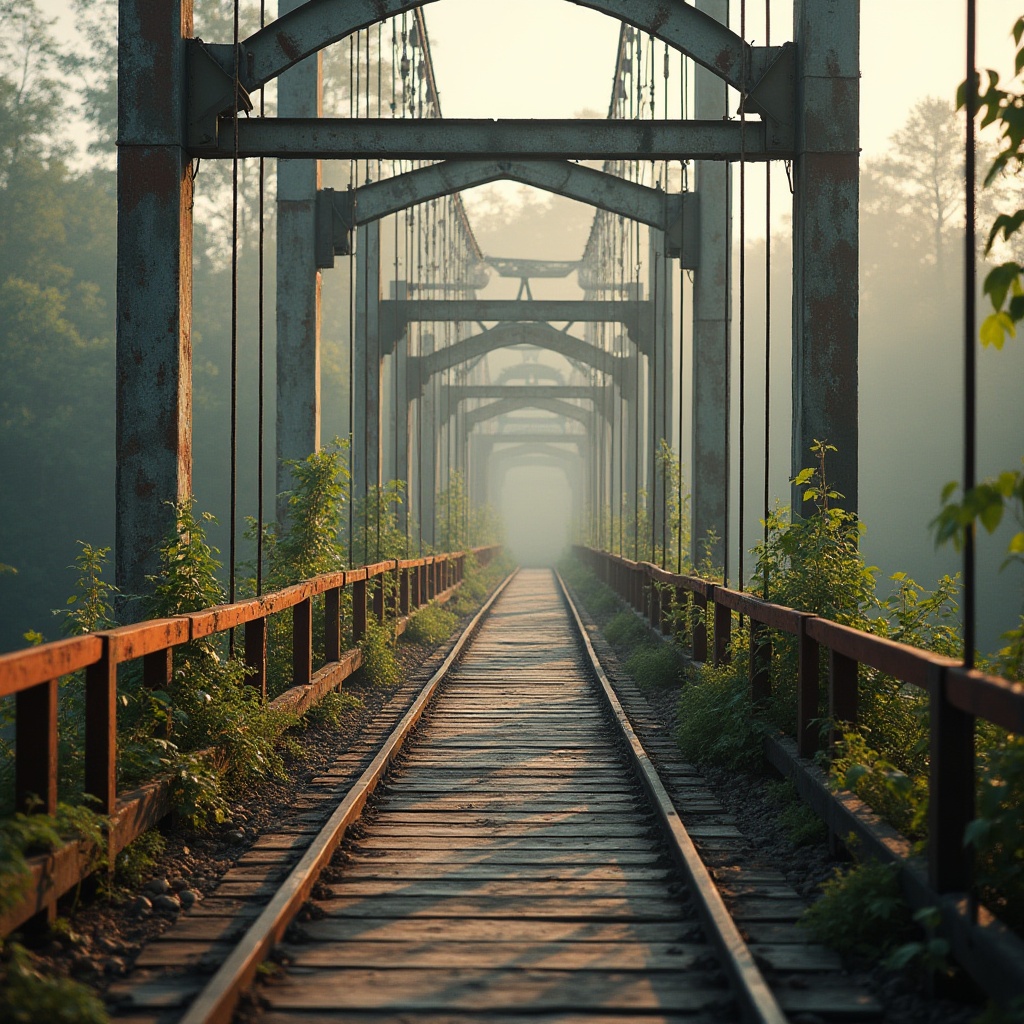 Prompt: Rust-resistant steel beams, high-strength concrete pillars, durable asphalt roadways, robust cable suspensions, weathered stone abutments, reinforced polymer coatings, corrosion-protected metal railings, sturdy wooden decking, vibrant greenery, misty atmospheric conditions, warm golden lighting, shallow depth of field, 1/2 composition, realistic textures, ambient occlusion.