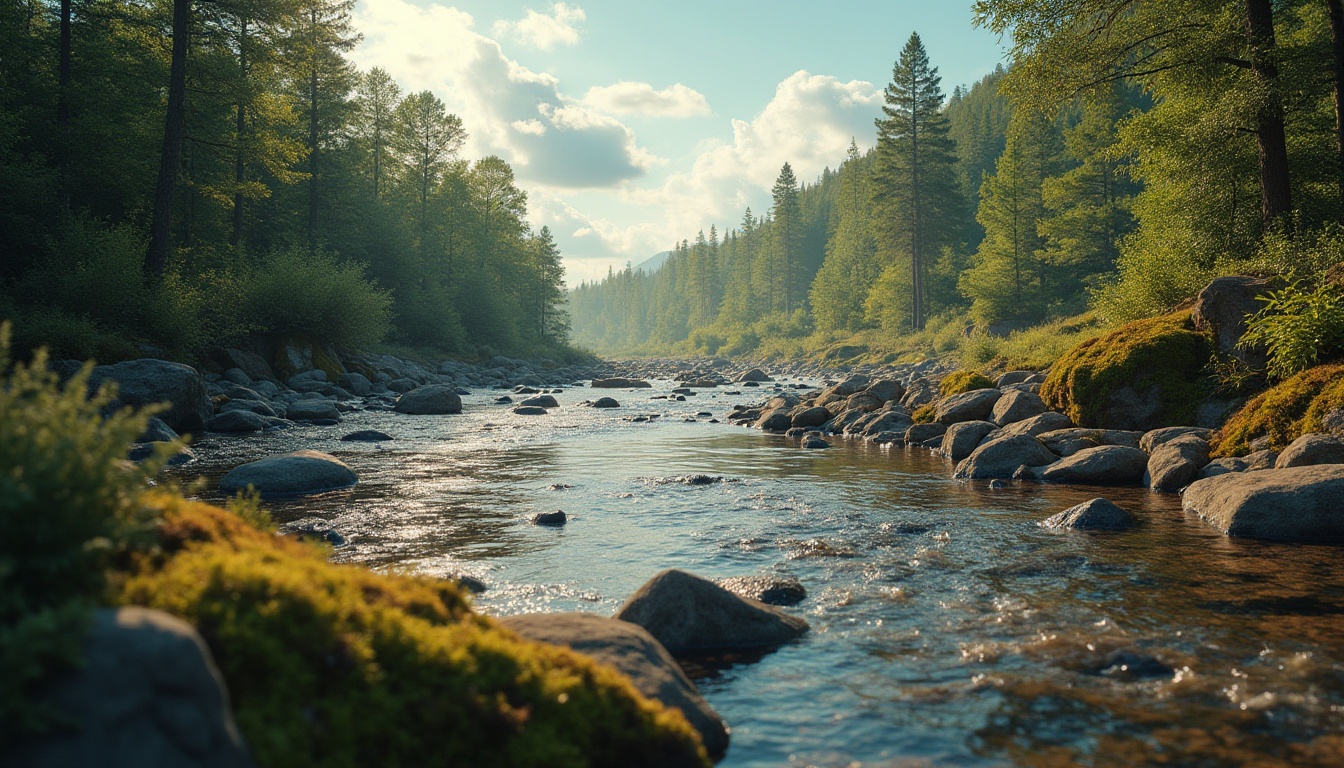 Prompt: Earthly tones, natural hues, forest floor, mossy greens, weathered wood, river rock, sky blue, fluffy clouds, warm sunlight, gentle shadows, soft focus, atmospheric perspective, organic textures, subtle gradations, realistic colors, harmonious contrast, 2/3 composition, intimate framing, serene ambiance.