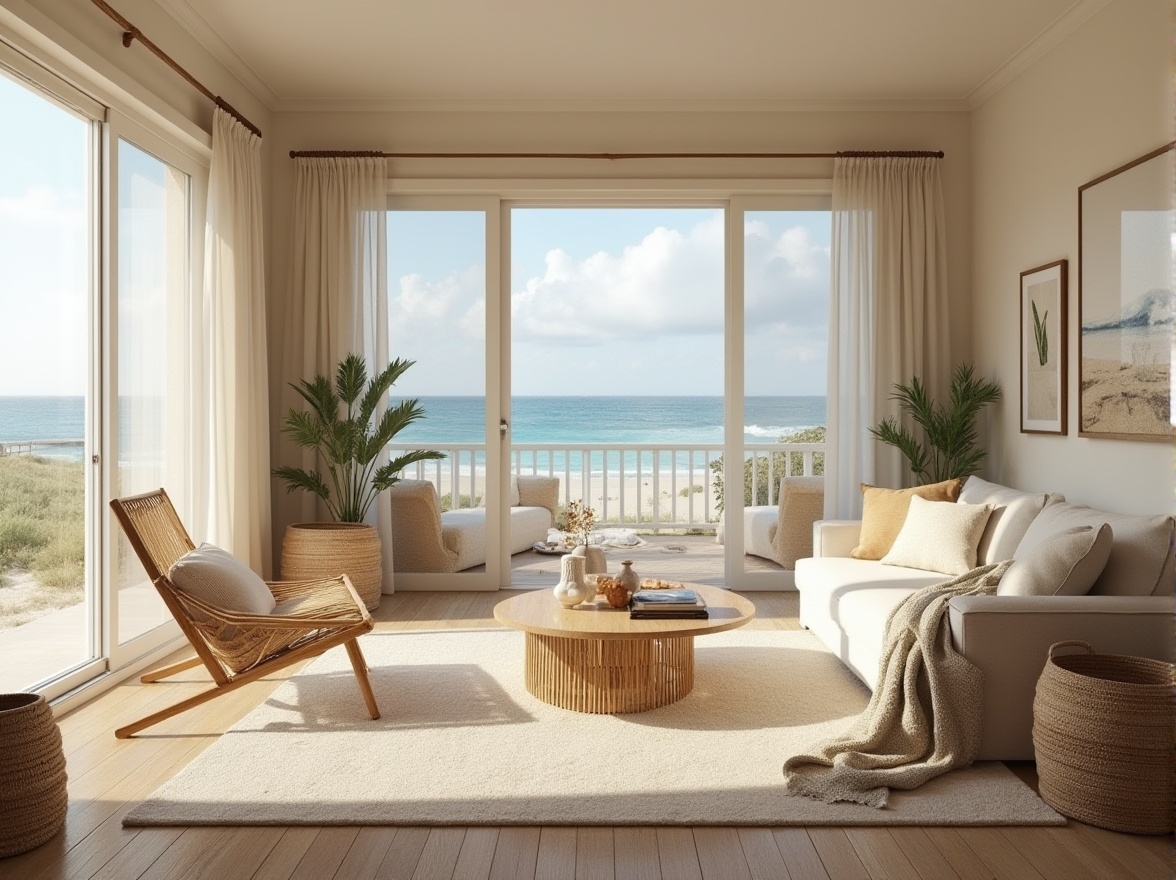 Prompt: Serene coastal living room, soft beige walls, calming ocean views, driftwood furniture, natural textiles, woven sea grass baskets, plush area rugs, comfortable sofas, minimalist decor, large windows, sliding glass doors, airy open spaces, beachy color palette, shells and pebbles decorative accents, rustic wooden floors, cozy reading nooks, warm ambient lighting, layered window treatments, 1/1 composition, relaxed atmosphere, organic textures, subtle ocean-inspired patterns.