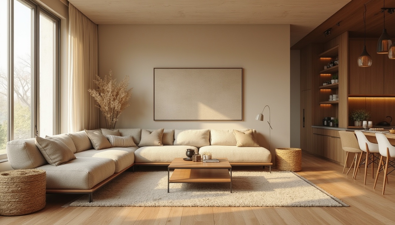 Prompt: Cozy living room, plush sofas, warm beige walls, rich wood flooring, soft golden lighting, comfortable seating areas, floor-to-ceiling windows, natural textiles, woven baskets, minimalist decor, calming color palette, soothing ambiance, intimate conversation areas, elegant coffee tables, luxurious rugs, modern art pieces, industrial-chic accents, airy open spaces, clever storage solutions, functional shelving units.