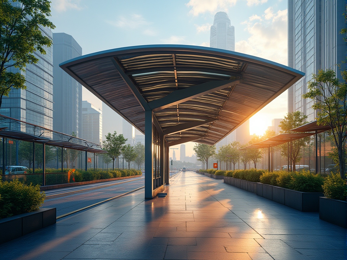 Prompt: Curved bus station canopy, futuristic LED lighting, dynamic angular lines, eco-friendly solar panels, green roofs, sustainable energy solutions, modern metallic structures, sleek glass facades, minimalist design, vibrant colored accents, intricate geometric patterns, urban cityscape, morning commute scene, soft warm natural light, shallow depth of field, 3/4 composition, realistic textures, ambient occlusion.Please let me know if this meets your requirements!