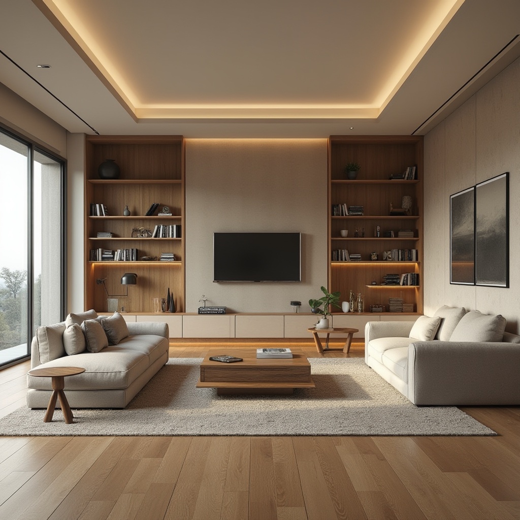 Prompt: Minimalist living room, sleek furniture, polished wooden floors, comfortable sofas, modern coffee tables, floor-to-ceiling windows, natural light, warm color scheme, textured rugs, built-in shelving units, functional storage spaces, ergonomic chairs, task lighting, 1/1 composition, shallow depth of field, softbox lighting, realistic textures, ambient occlusion.