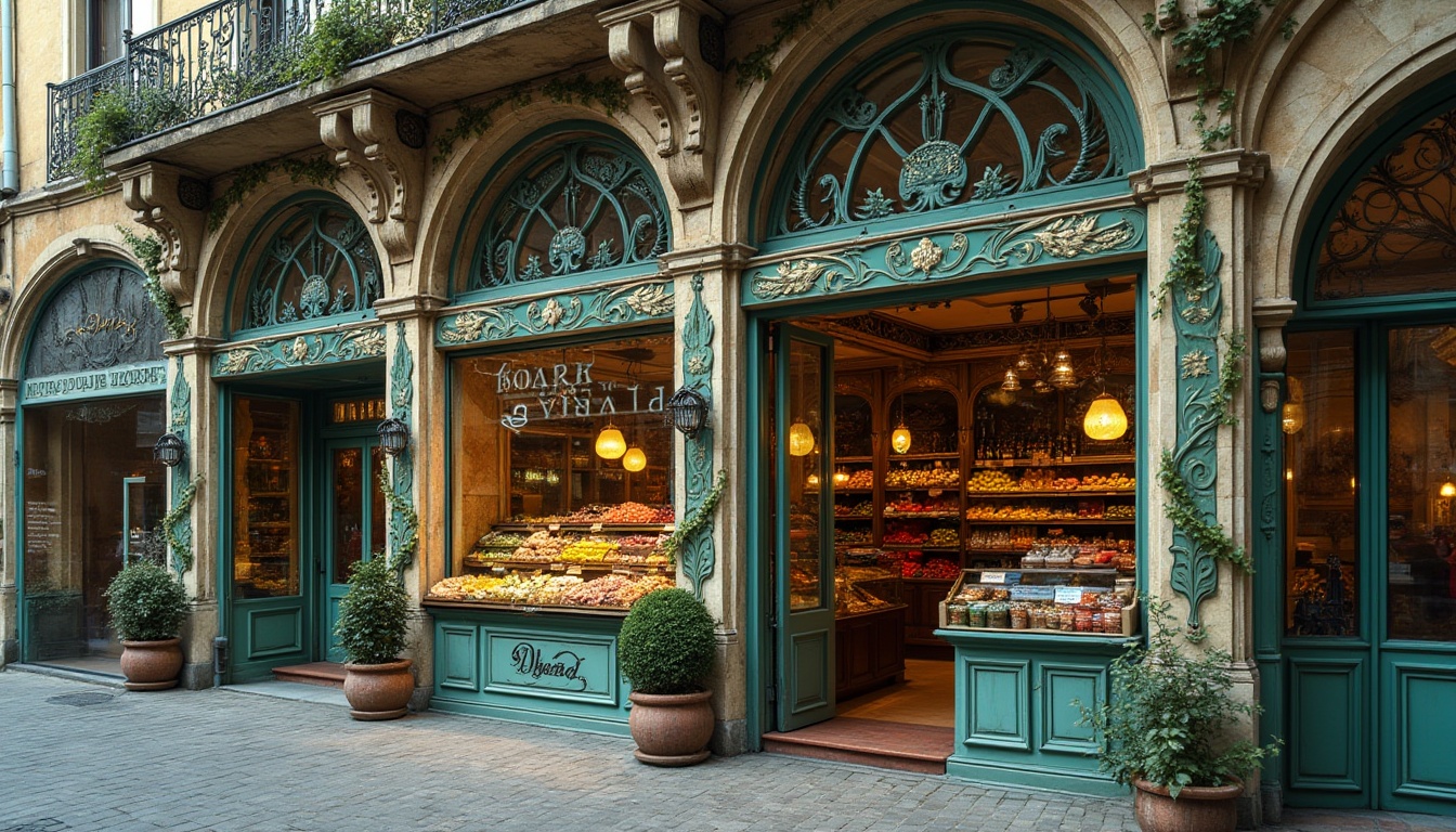 Prompt: Ornate grocery store facade, sinuous Art Nouveau lines, flowing organic patterns, botanical motifs, stained glass windows, decorative ironwork, curved entranceways, vibrant turquoise accents, natural stone walls, ornamental tiling, whimsical signage, elegant typography, soft warm lighting, shallow depth of field, 1/2 composition, intimate close-up view, intricate textures, ambient occlusion.