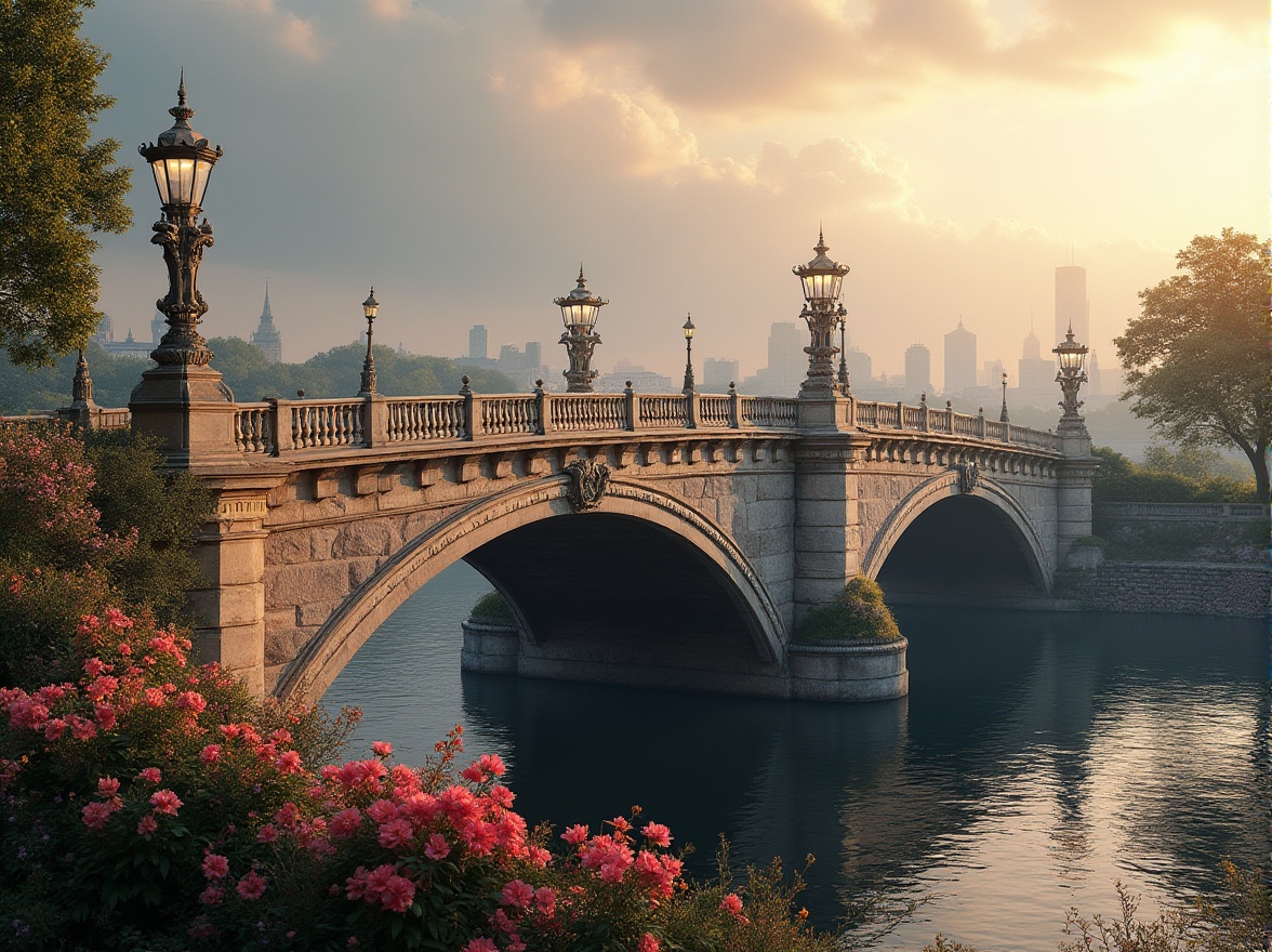 Prompt: Majestic bridge, arches, columns, ornate balustrades, grand stone piers, decorative lampposts, elegant railings, intricate stonework, rusticated masonry, symmetrical composition, classical proportions, soft warm lighting, misty atmosphere, serene river scenery, lush greenery, vibrant flowers, majestic urban skyline, dramatic sunset, 1/2 composition, realistic textures, ambient occlusion.