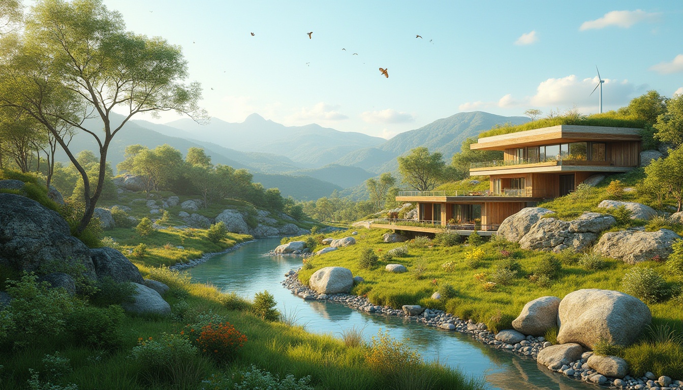 Prompt: Seamless landscape integration, harmonious blend of architecture and nature, rolling hills, meandering streams, lush greenery, native plant species, organic building forms, natural stone walls, wooden accents, earthy tones, eco-friendly materials, large windows, panoramic views, soft warm lighting, shallow depth of field, 3/4 composition, realistic textures, ambient occlusion, modern sustainable design, innovative water management systems, rainwater harvesting, green roofs, solar panels, wind turbines, vibrant colorful flowers, butterflies, birds, sunny day, clear blue sky.