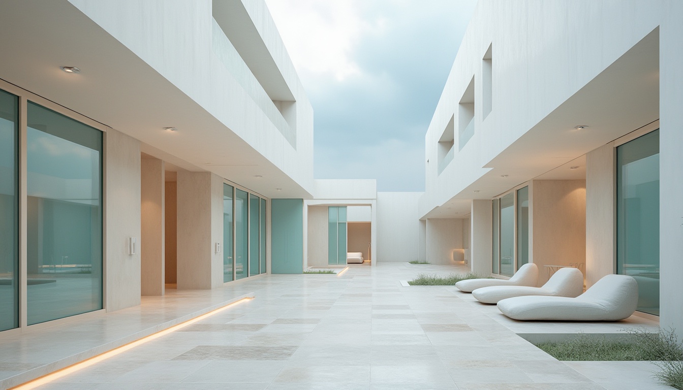 Prompt: Calming light blue accents, soft creamy whites, warm beige tones, sleek modern buildings, minimalist design, angular lines, floor-to-ceiling windows, natural stone floors, subtle textures, ambient lighting, overcast sky, gentle shadows, shallow depth of field, 1/1 composition, realistic reflections, atmospheric perspective.